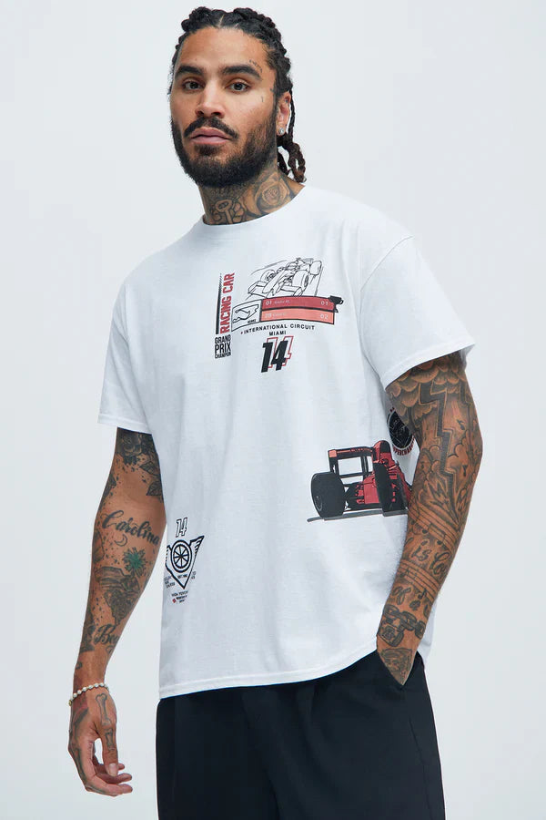 Men's Grand Prix Racing Car White Graphic Tee T-Shirt