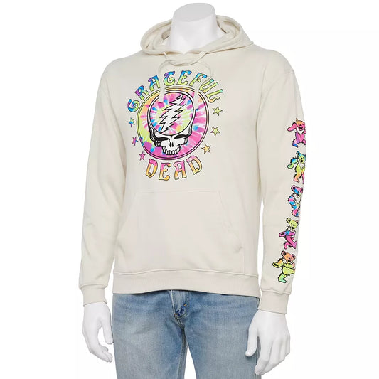 Men's Beige Grateful Dead Tie Dye Skull Dancing Bears Pullover Hoodie - Bladevip