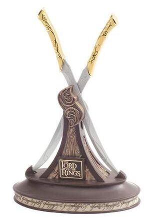 Two crossed swords with gold handles on a dark brown base featuring 'The Lord of the Rings' logo.