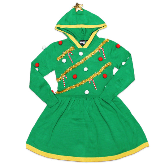 Girls Christmas Tree Fuzzy Ornimat Pullover Dress with Hood