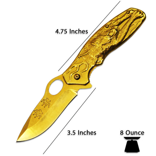 DK 5583-GD 4.5" Heavy Duty Gold Wolf Metal Handle Folding Knife with Belt Clip