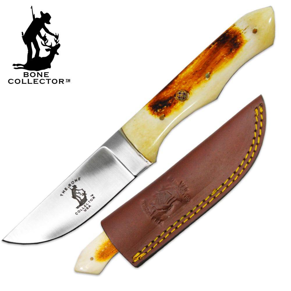 BC 884-BN 4" Bone Collector Bovine Bone Handle Hunting Knife with Leather Sheath