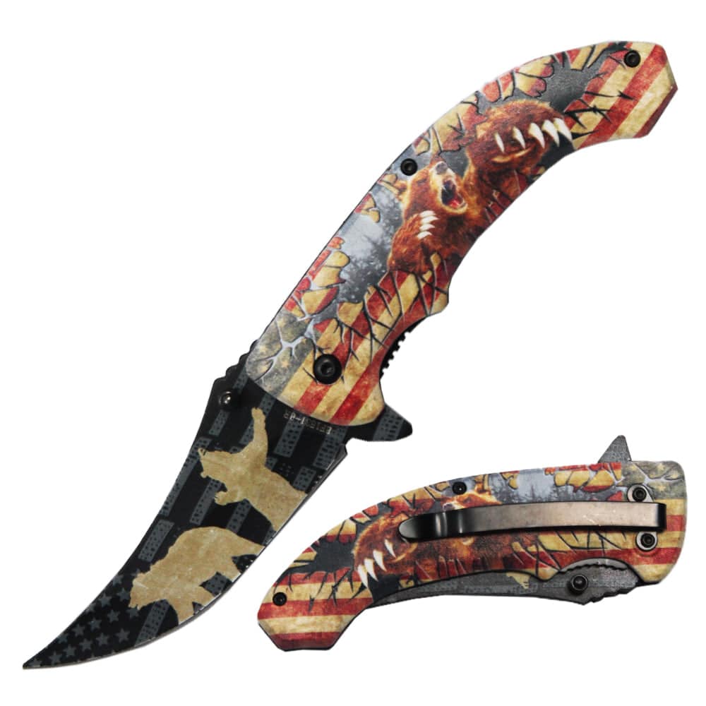 Cuchillo plegable con apertura asistida y hoja con punta de arrastre Patriotic Bear de 4,75"