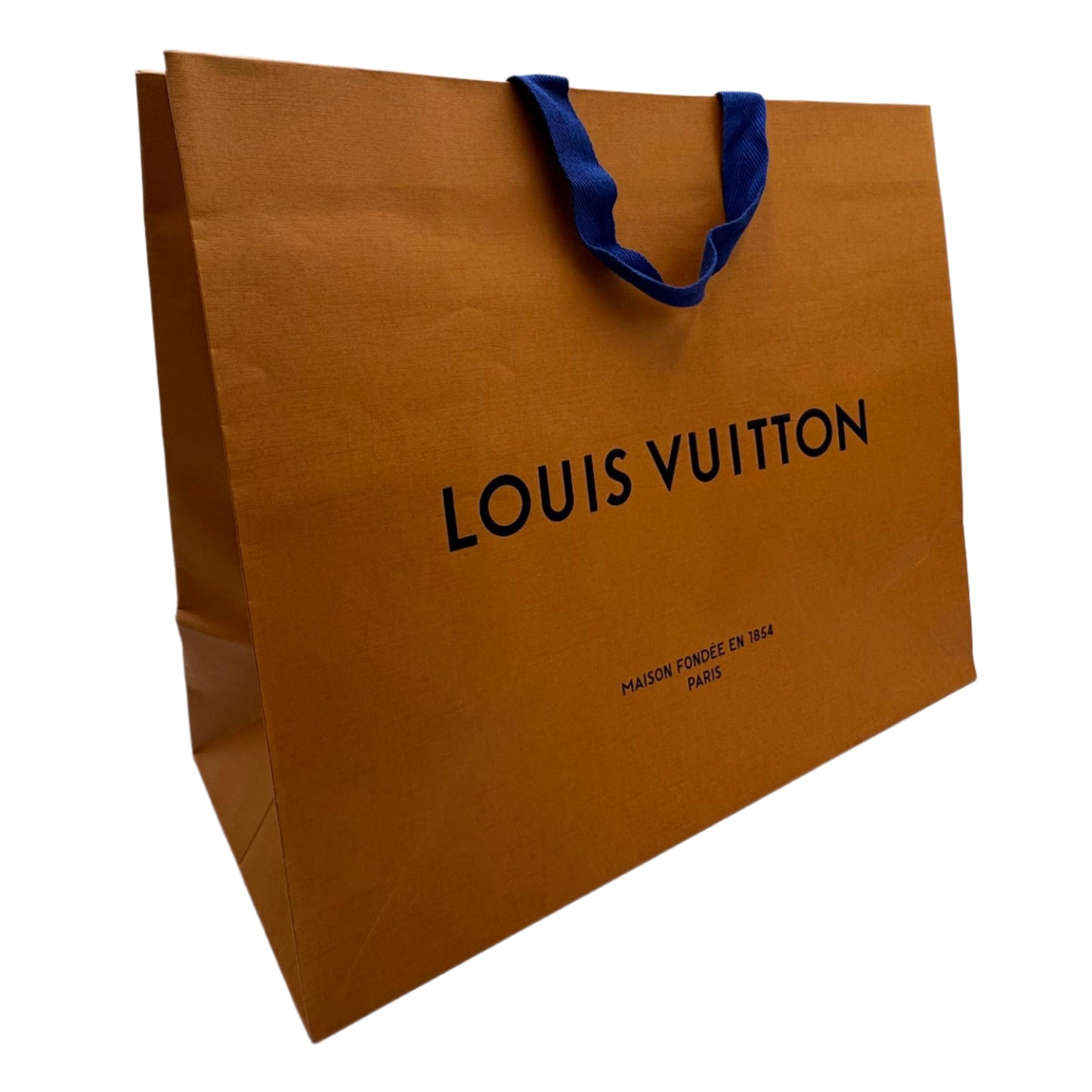 Louis Vuitton paper bag with blue handle on a white background