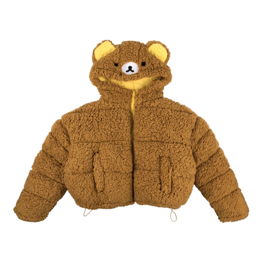 Brown teddy bear-shaped jacket on a white background