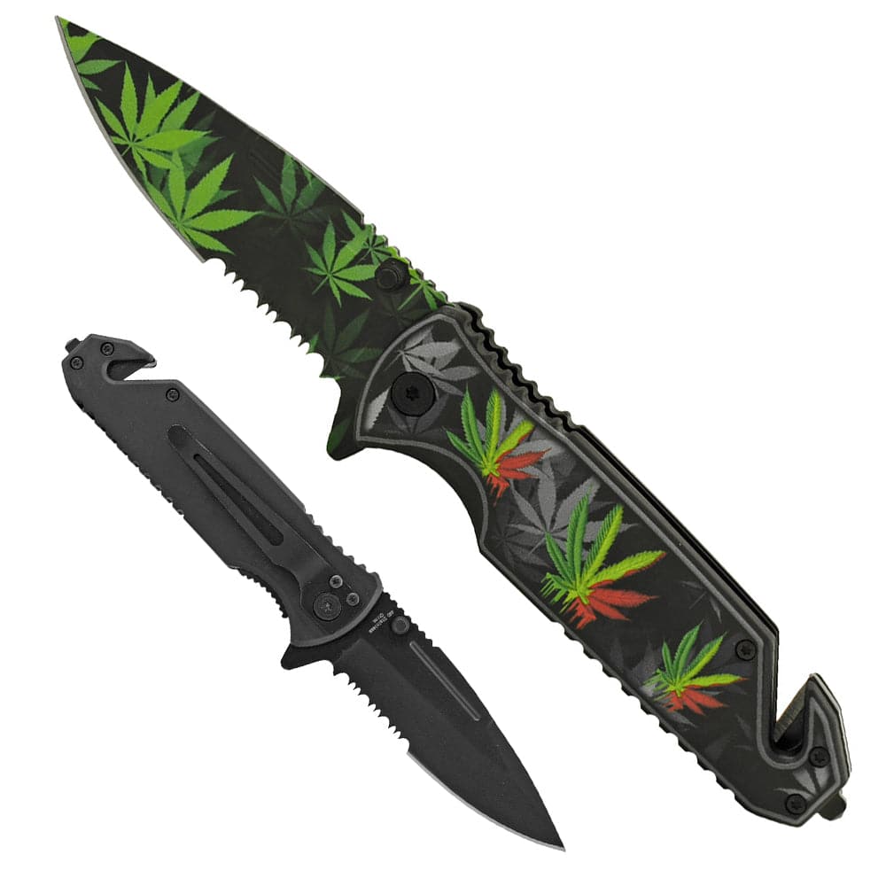 4.75" Marijuana Rasta Leaves Half Serrated Blade Assist-Open Rescue Knife with Belt Cutter & Glass Breaker