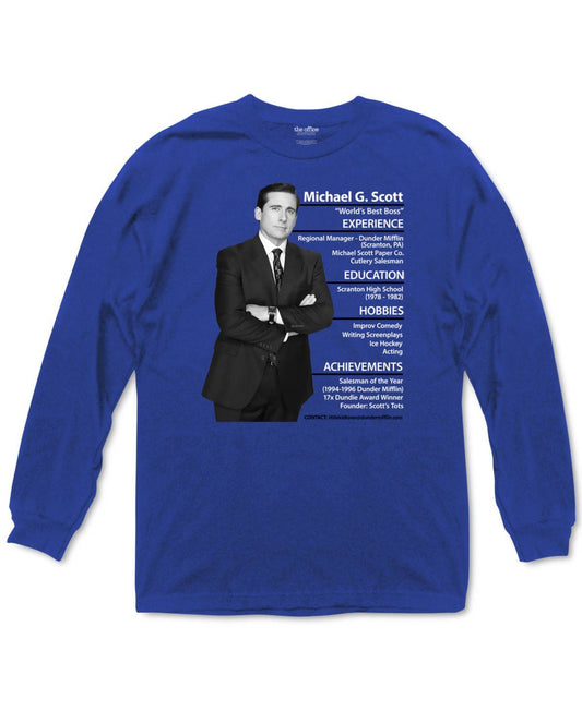 Mens Blue The Office Michael Scott Resume Graphic Long Sleeve Tee T Shirt