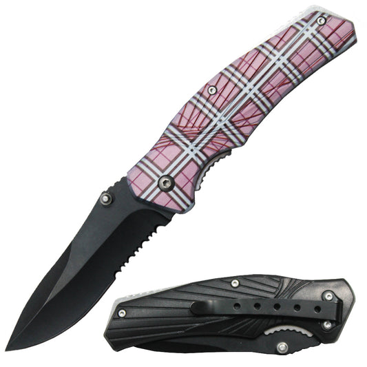 4.25" Pink Plaid Handle Thumb Stud Folding Knife with Belt Clip