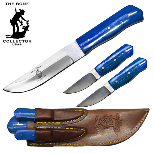 8" Bone Collector Blue Cattle Cow Bone 3 PCS Hunting Knife with Leather Sheath