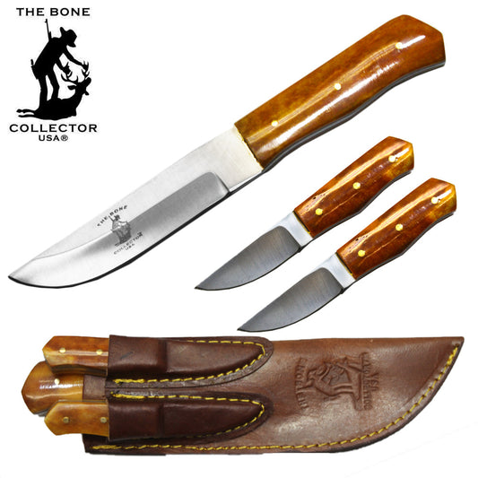 8" Bone Collector Yellow Cattle Cow Bone 3 PCS Hunting Knife with Leather Sheath