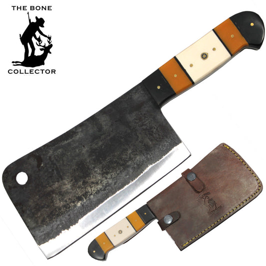 10.75" Bone Collector Hand Forged Cattle Cow Bone Handle Cleaver with Leather Sheath