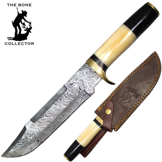 13" Damascus Blade Bone Collector Cattle Cow Bone & Horn Handle Hunting Knife with Leather Sheath