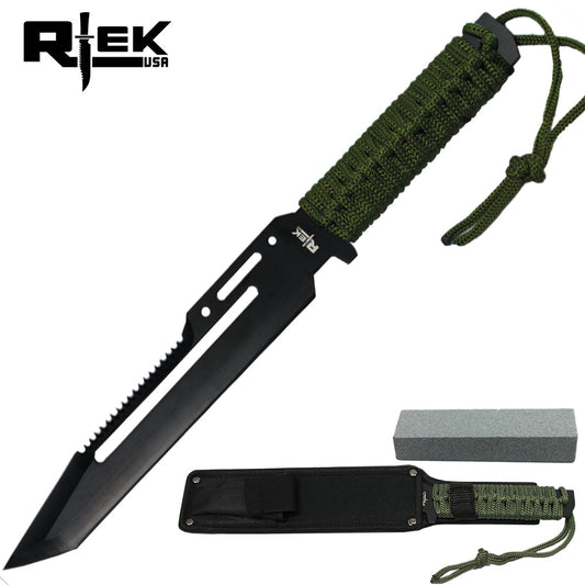 14" Rtek Black Blade Cord Wrapped Combat Knife with Sheath & Sharpening Stone
