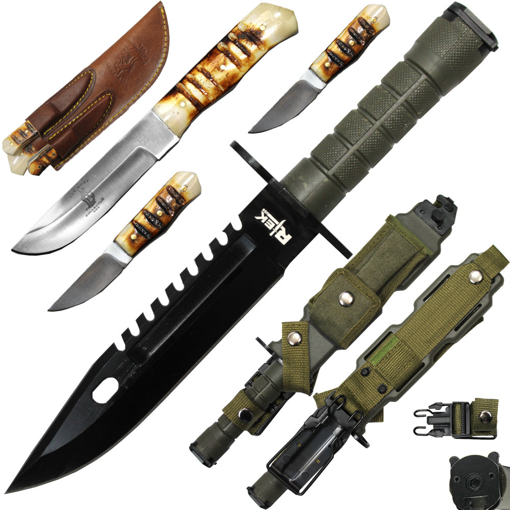 Rtek Hunting Knife Set, With Harden Plastic Sheath M-9 Military Style Saw Back Knife - Bladevip