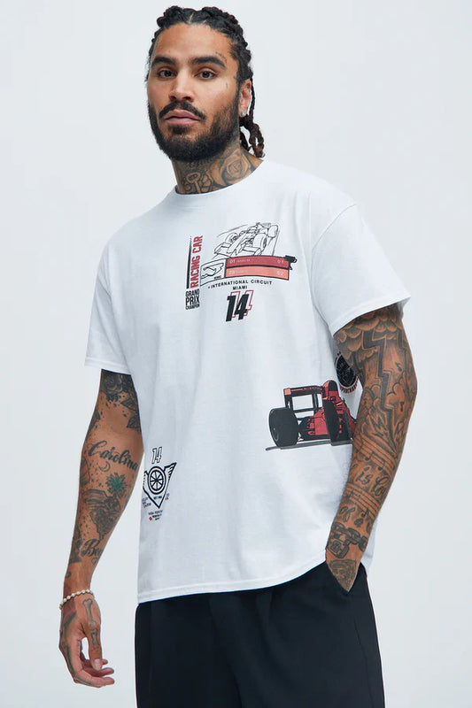 Men's Grand Prix Racing Car White Graphic Tee T-Shirt