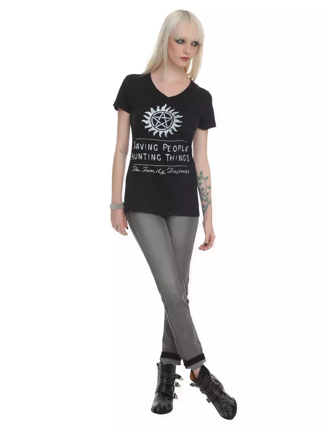 Women Junior's Supernatural Family Business V-Neck T-Shirt Tee - view 3