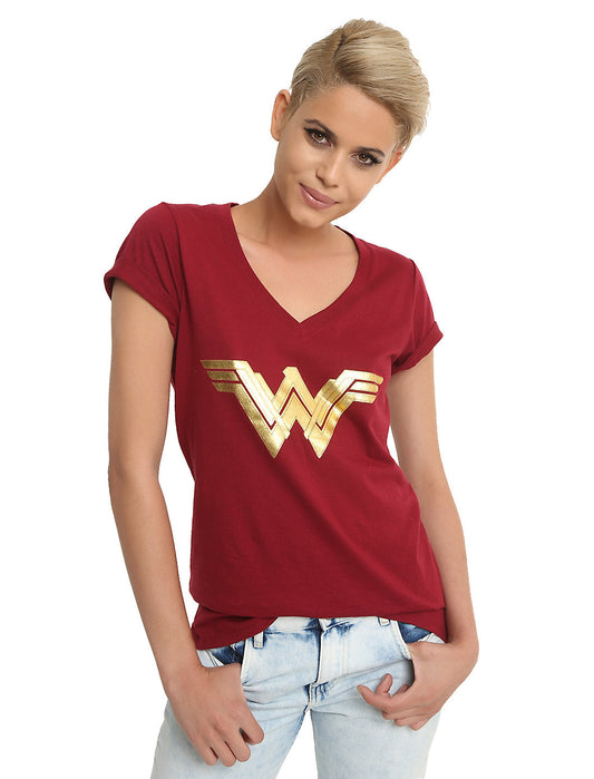 Camiseta burdeos con logo dorado de DC Comics Wonder Woman para mujer junior