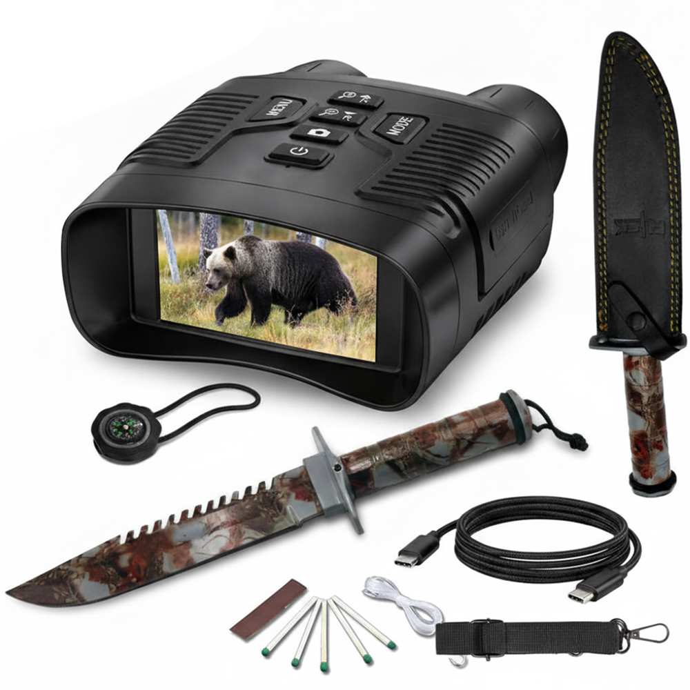 Rtek 4K Night Vision Goggles & 14" Knife Bundle - 36MP Infrared Binoculars with 3.0" HD Screen, Rechargeable Battery & Fixed Blade Camping Knife with Compass, Survival Kit, Leather Sheath (Orange/Grey Camo)