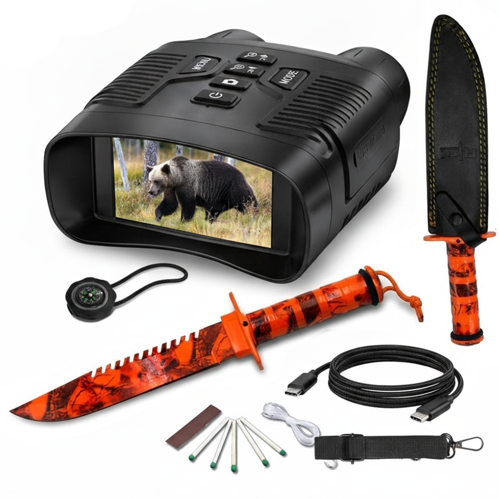 Rtek 4K Night Vision Goggles & 14" Knife Bundle - 36MP Infrared Binoculars with 3.0" HD Screen, Rechargeable Battery & Fixed Blade Camping Knife with Compass, Survival Kit, Leather Sheath (Orange/Grey Camo)