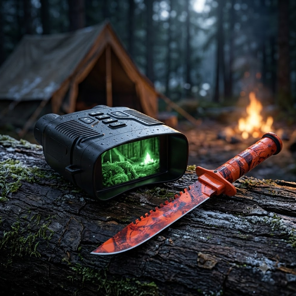 Rtek 4K Night Vision Goggles & 14" Knife Bundle - 36MP Infrared Binoculars with 3.0" HD Screen, Rechargeable Battery & Fixed Blade Camping Knife with Compass, Survival Kit, Leather Sheath (Orange/Grey Camo)