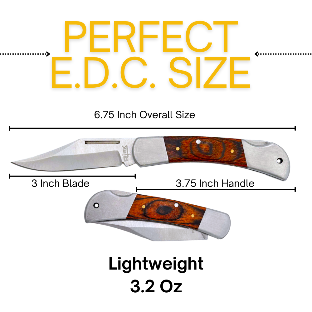 Rtek 3.75" Spanish Brown Wood Handle Pocket Knife, Lockback Traditional Folding Knife for Outdoor, Utility, EDC, Camping, and Every Day Carry, Gifts for Men