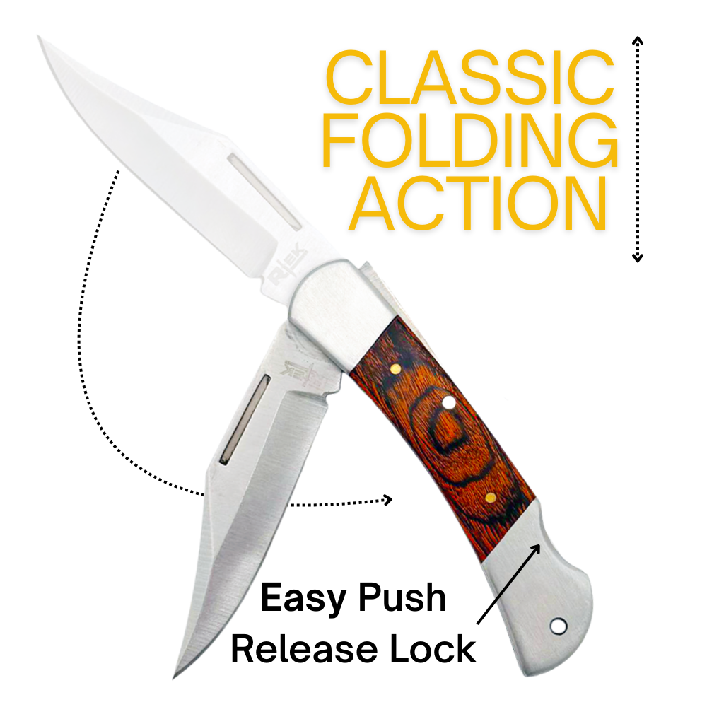 Rtek 3.75" Spanish Brown Wood Handle Pocket Knife, Lockback Traditional Folding Knife for Outdoor, Utility, EDC, Camping, and Every Day Carry, Gifts for Men