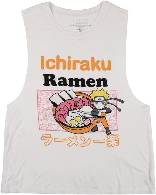 Camiseta sin mangas blanca sin mangas con cuello redondo Naruto Ichiraku Ramen para mujer
