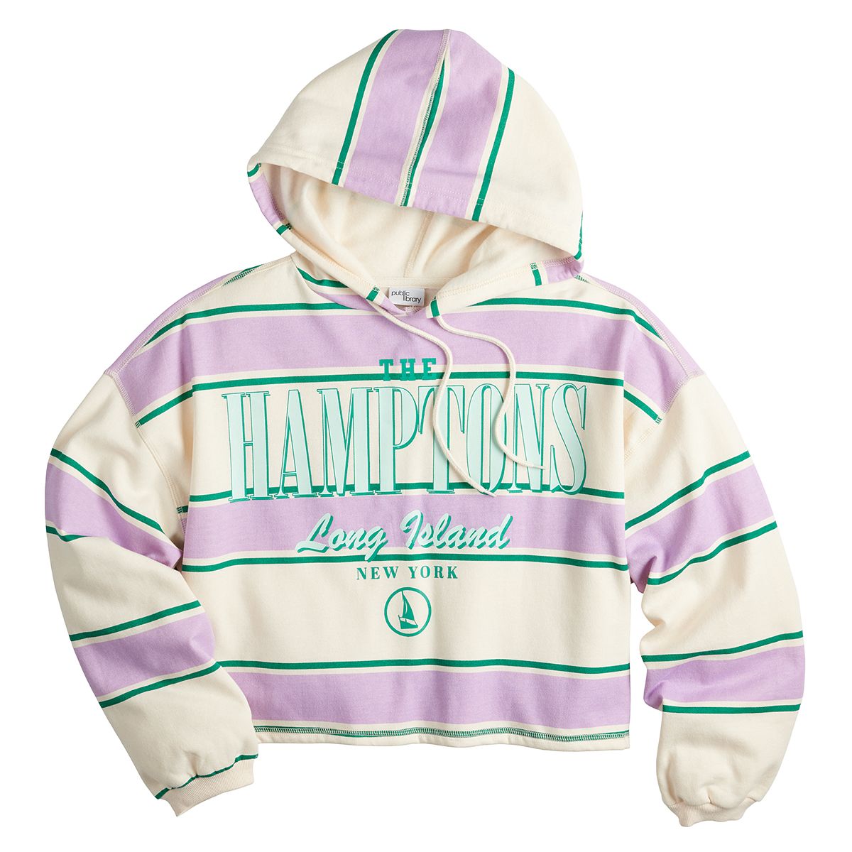 Juniors' Public Library The Hamptons Striped Loose Fit Fleece Hoodie - Bladevip