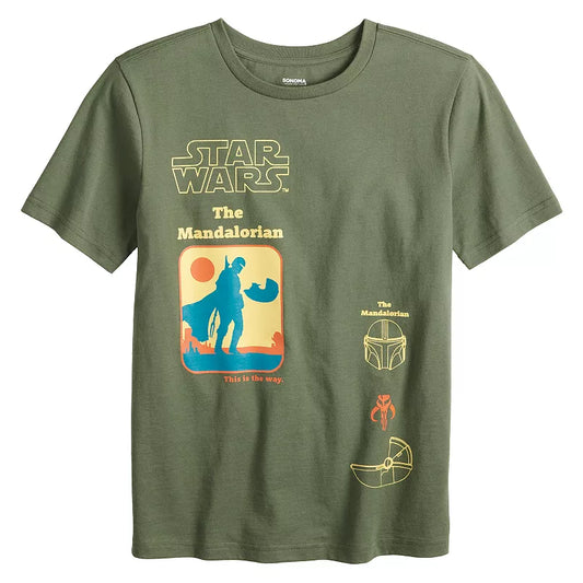 Boys Green Star Wars The Mandalorian Helmets Graphic Tee - Bladevip