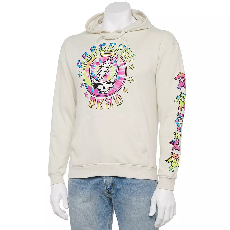 Men's Beige Grateful Dead Tie Dye Skull Dancing Bears Pullover Hoodie - Bladevip