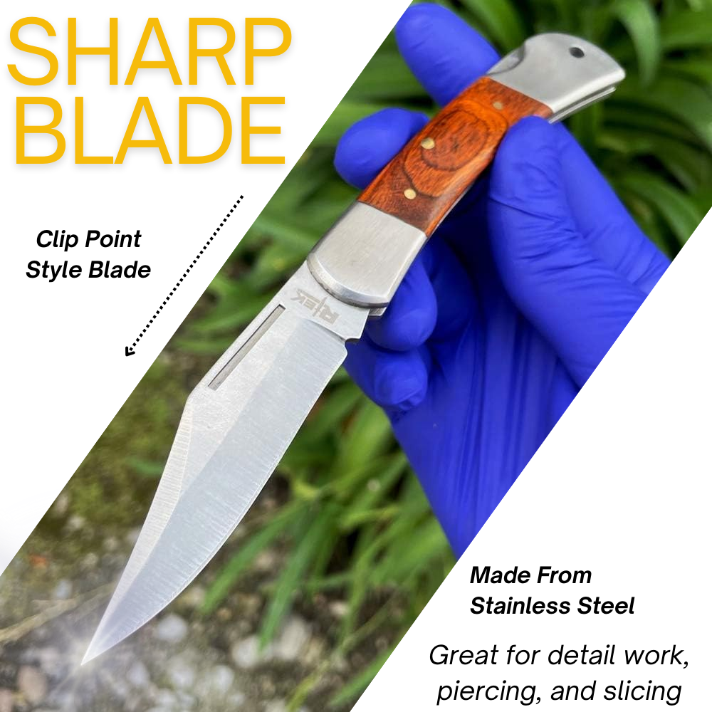 Rtek 3.75" Spanish Brown Wood Handle Pocket Knife, Lockback Traditional Folding Knife for Outdoor, Utility, EDC, Camping, and Every Day Carry, Gifts for Men