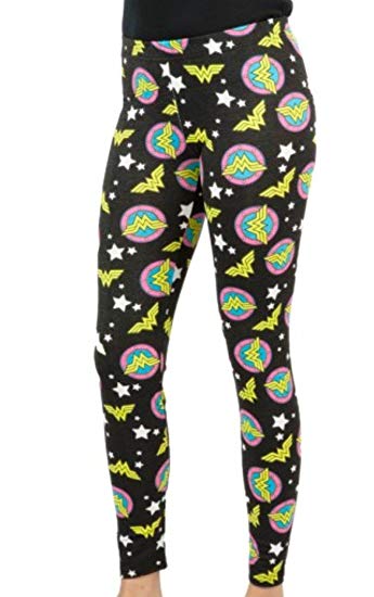 Women Juniors Black Wonder Woman AOP Symbols Leggings Bottoms - Bladevip