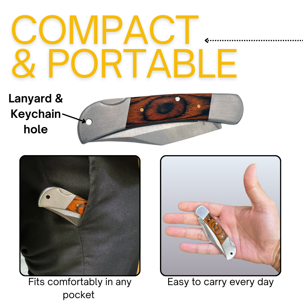 Rtek 3.75" Spanish Brown Wood Handle Pocket Knife, Lockback Traditional Folding Knife for Outdoor, Utility, EDC, Camping, and Every Day Carry, Gifts for Men