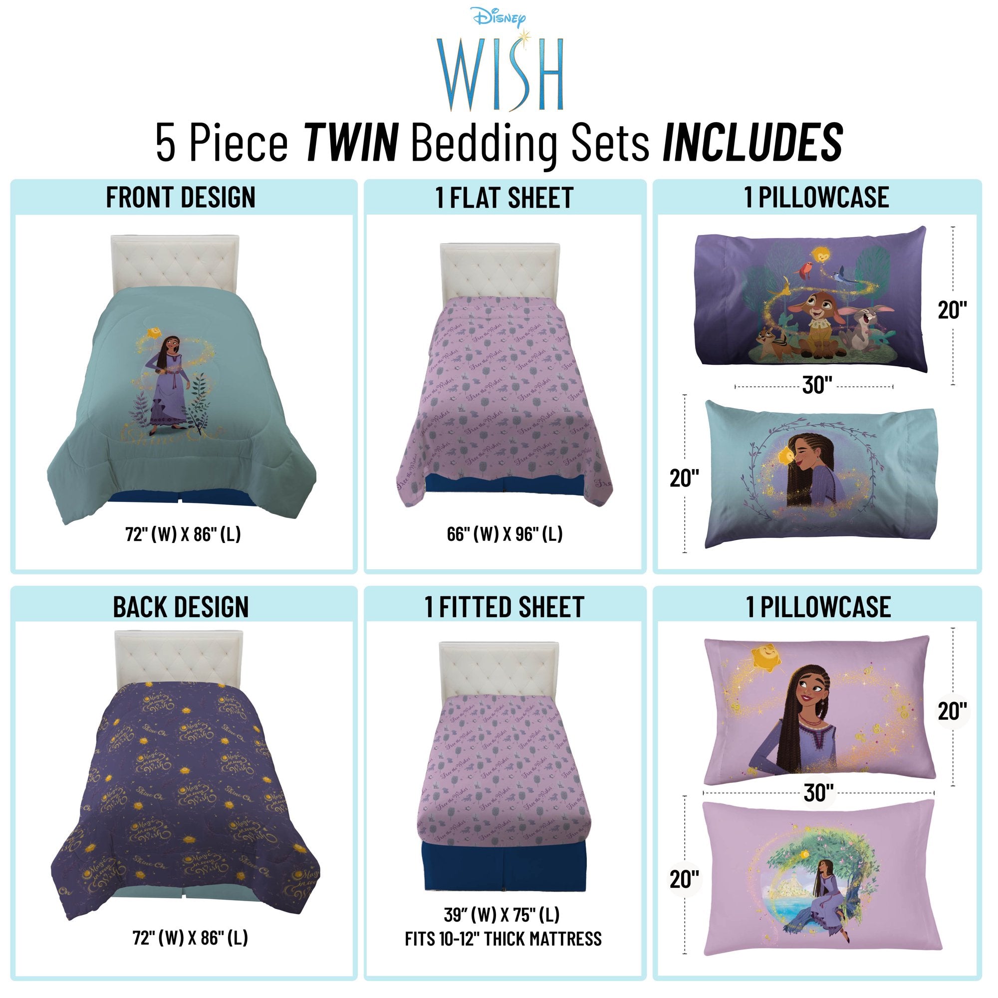 Disney Wish Purple 5 Piece Twin Bed Set w/ Sham, 100% Microfiber - view 5