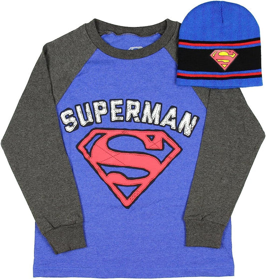 DC Comics 12 pcs ppk Superman Little & Big Boys Long Sleeve Shirt & Beanie Set