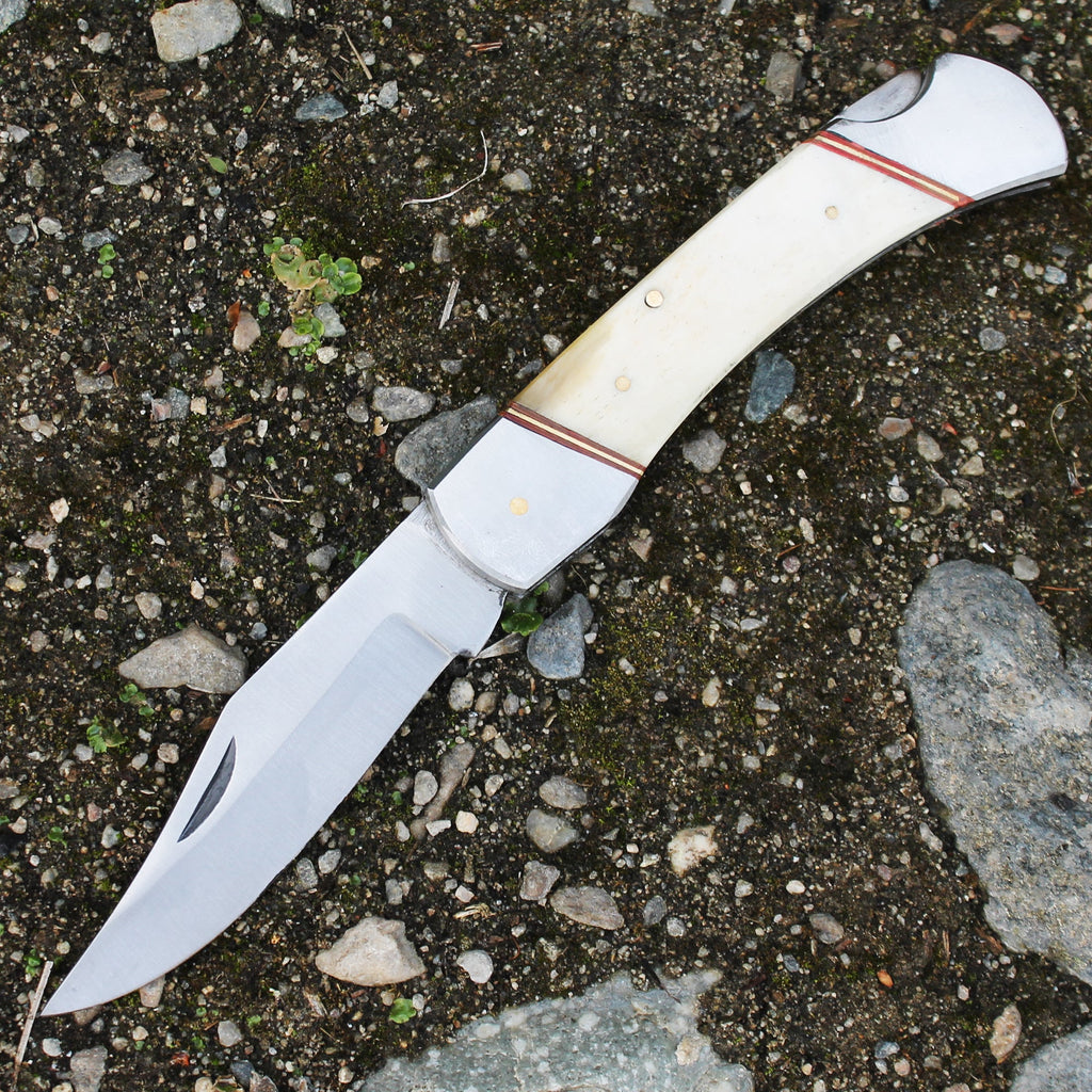 PK 116-BN 5 inch White Bone Handle Folding Pocket Knife with Leather Sheath - view 2