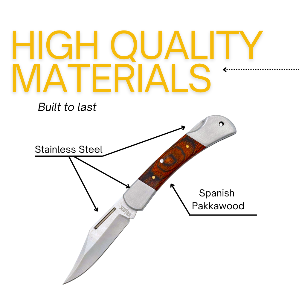 Rtek 3.75" Spanish Brown Wood Handle Pocket Knife, Lockback Traditional Folding Knife for Outdoor, Utility, EDC, Camping, and Every Day Carry, Gifts for Men