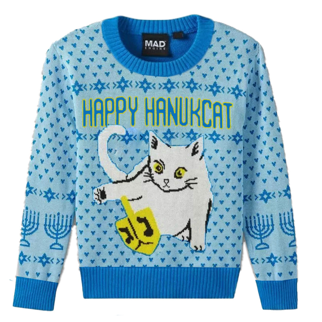 Jersey azul claro para adulto con diseño de gato Happy Hanukkah