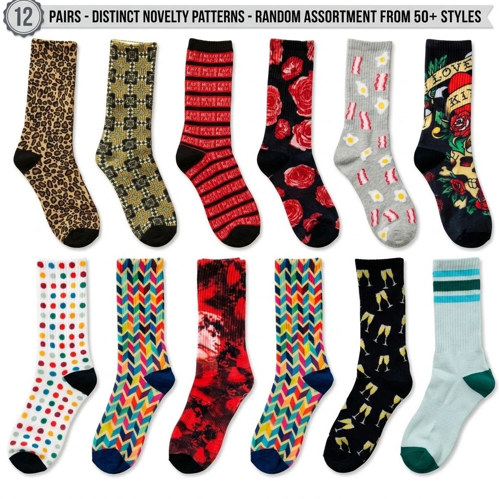 Men's Novelty Crew Socks 12-Pack | Mixed Graphic Designs & Fun Patterns
