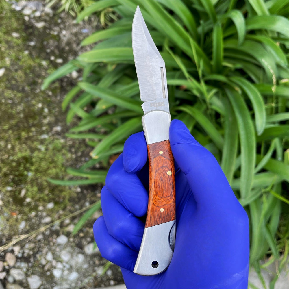 Rtek 3.75" Spanish Brown Wood Handle Pocket Knife, Lockback Traditional Folding Knife for Outdoor, Utility, EDC, Camping, and Every Day Carry, Gifts for Men