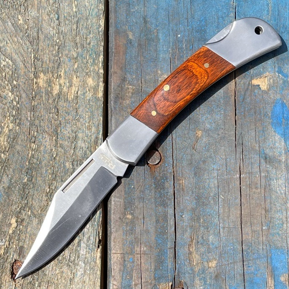Rtek 3.75" Spanish Brown Wood Handle Pocket Knife, Lockback Traditional Folding Knife for Outdoor, Utility, EDC, Camping, and Every Day Carry, Gifts for Men