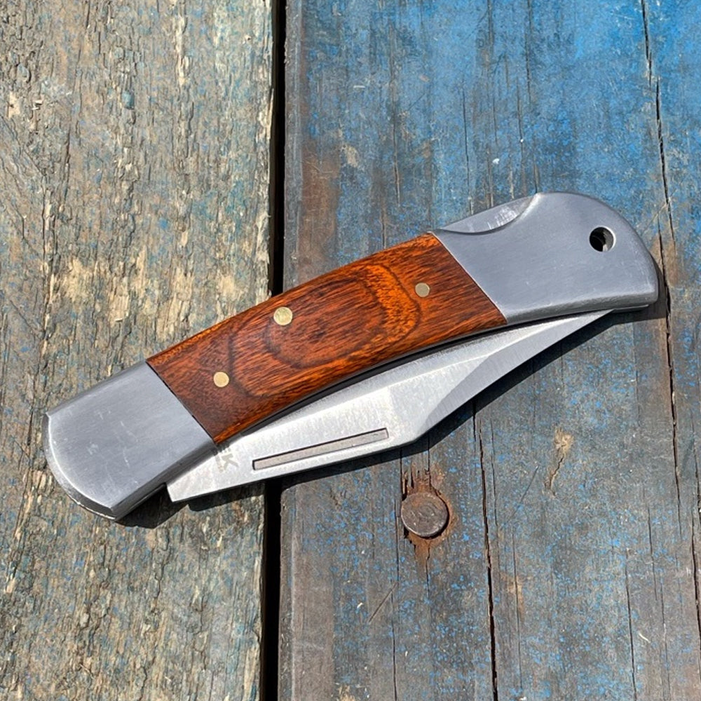Rtek 3.75" Spanish Brown Wood Handle Pocket Knife, Lockback Traditional Folding Knife for Outdoor, Utility, EDC, Camping, and Every Day Carry, Gifts for Men
