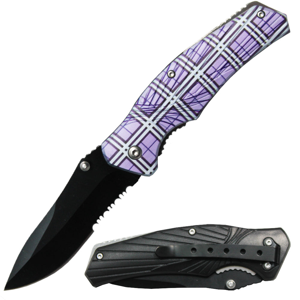 4.25" Purple Plaid Handle Thumb Stud Folding Knife with Belt Clip - Bladevip