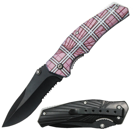 4.25" Pink Plaid Handle Thumb Stud Folding Knife with Belt Clip - Bladevip