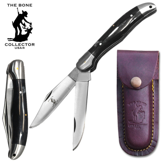 BC 816-BKBN 5" Black Bone Collector 2 Blade Bone Handle Folding Knife with Leather Knife - Bladevip