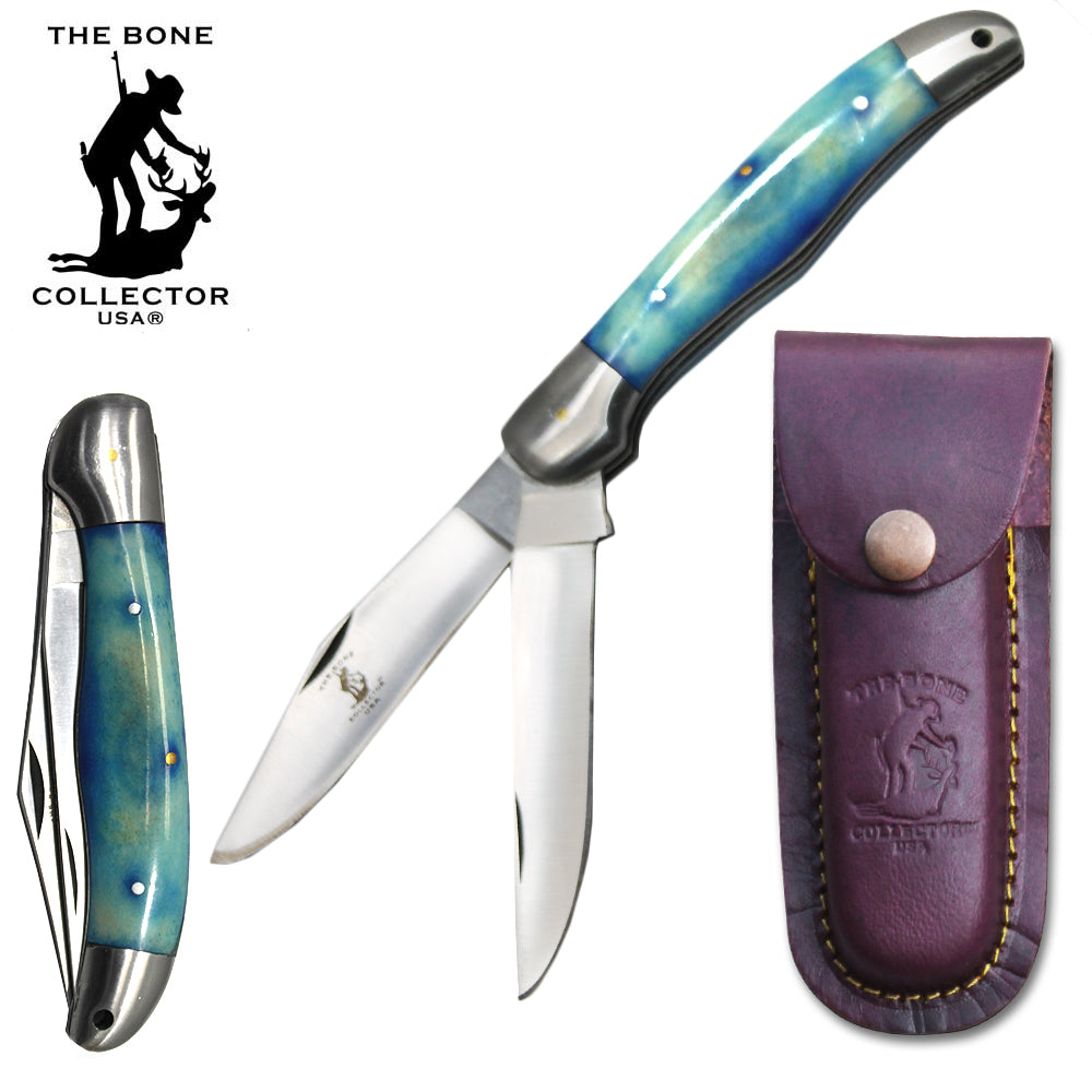 BC 816-BLBN 5" Blue Bone Collector 2 Blade Bone Handle Folding Knife with Leather Knife - Bladevip