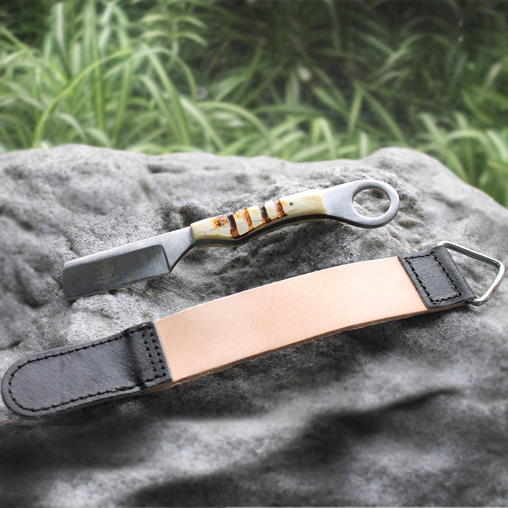 BC 866-BN 8" Bone Handle Razor Knife with Leather Sheath & Sharpening Strop Belt - Bladevip