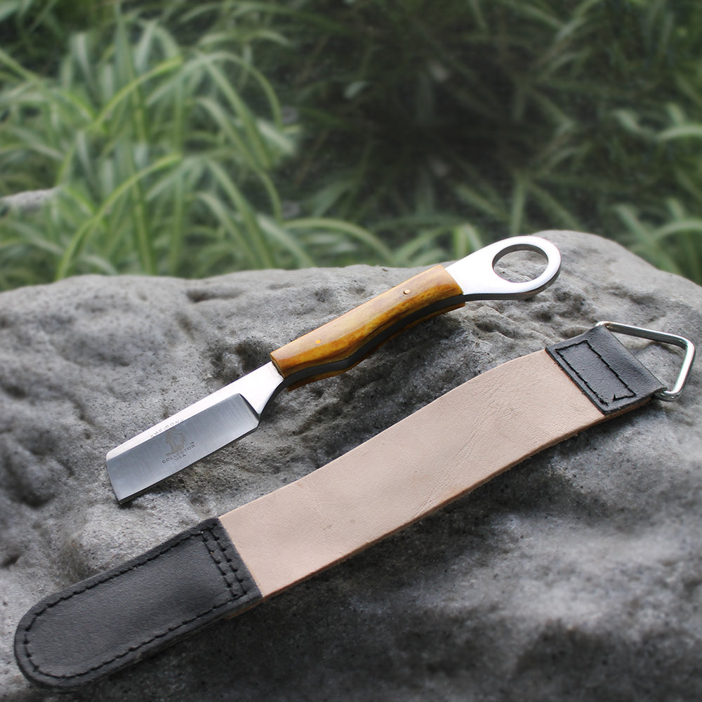 BC 866-YBN 8" Yellow Bone Handle Razor Knife with Leather Sheath & Sharpening Strop Belt - Bladevip