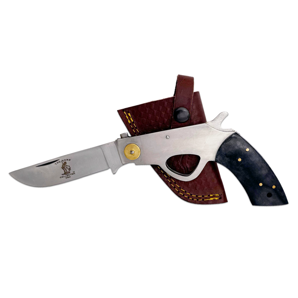 6 inch Bone Collector Black Gun-Handle Folding Knife with Leather Sheath - view 2