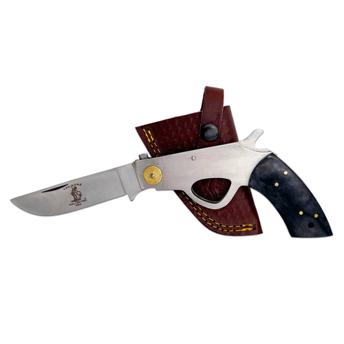 6 inch Bone Collector Black Gun-Handle Folding Knife with Leather Sheath - view 2